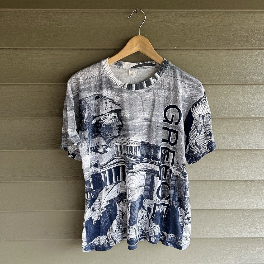 Greece All Over Print T Shirt Mens M Acropolis Greek Graphic Made Greece